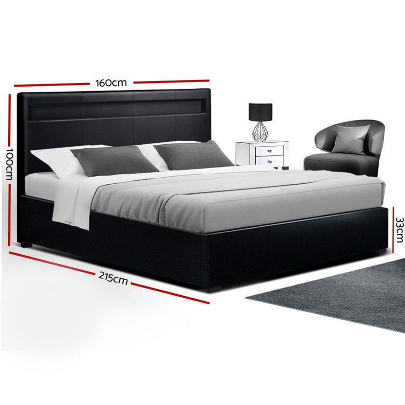 LED Bed Frame Queen Size Gas Lift Base With Storage Black Leather