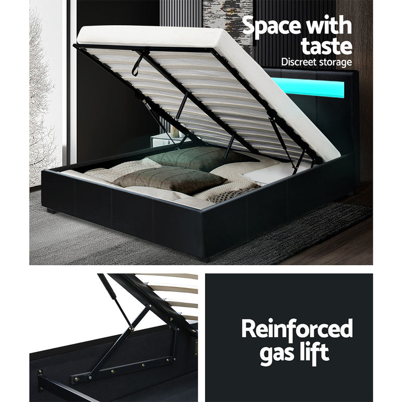 LED Bed Frame Queen Size Gas Lift Base With Storage Black Leather