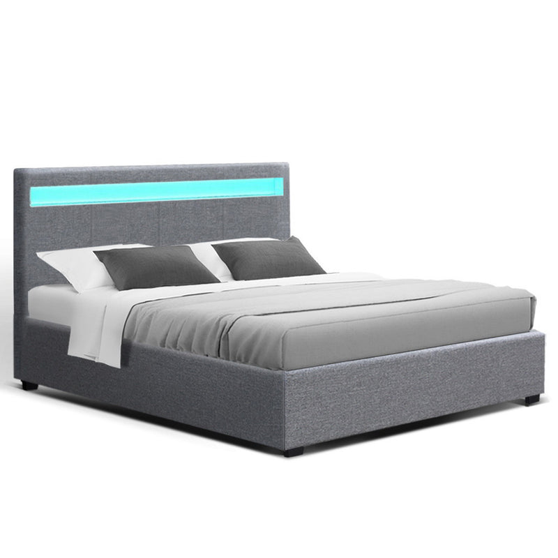 LED Bed Frame Queen Size Gas Lift Base With Storage Grey Fabric COLE