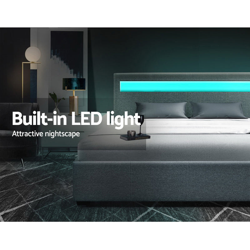 LED Bed Frame Queen Size Gas Lift Base With Storage Grey Fabric COLE