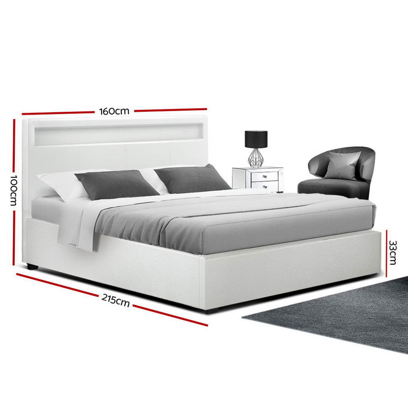 LED Bed Frame Queen Size Gas Lift Base With Storage White Leather