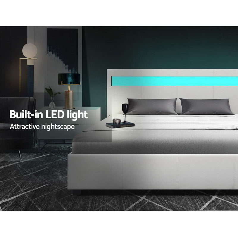 LED Bed Frame Queen Size Gas Lift Base With Storage White Leather