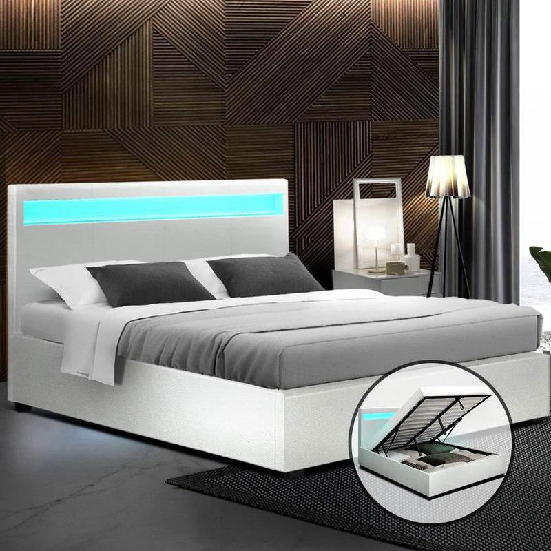 LED Bed Frame Queen Size Gas Lift Base With Storage White Leather