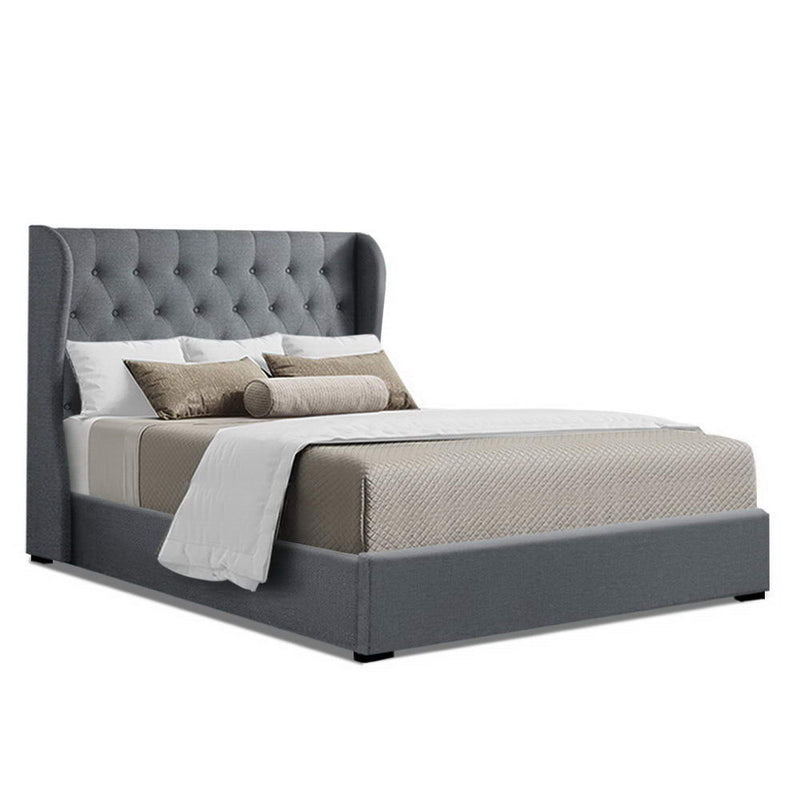 Double Full Size Gas Lift Bed Frame Base With Storage Mattress Grey Fabric Wooden