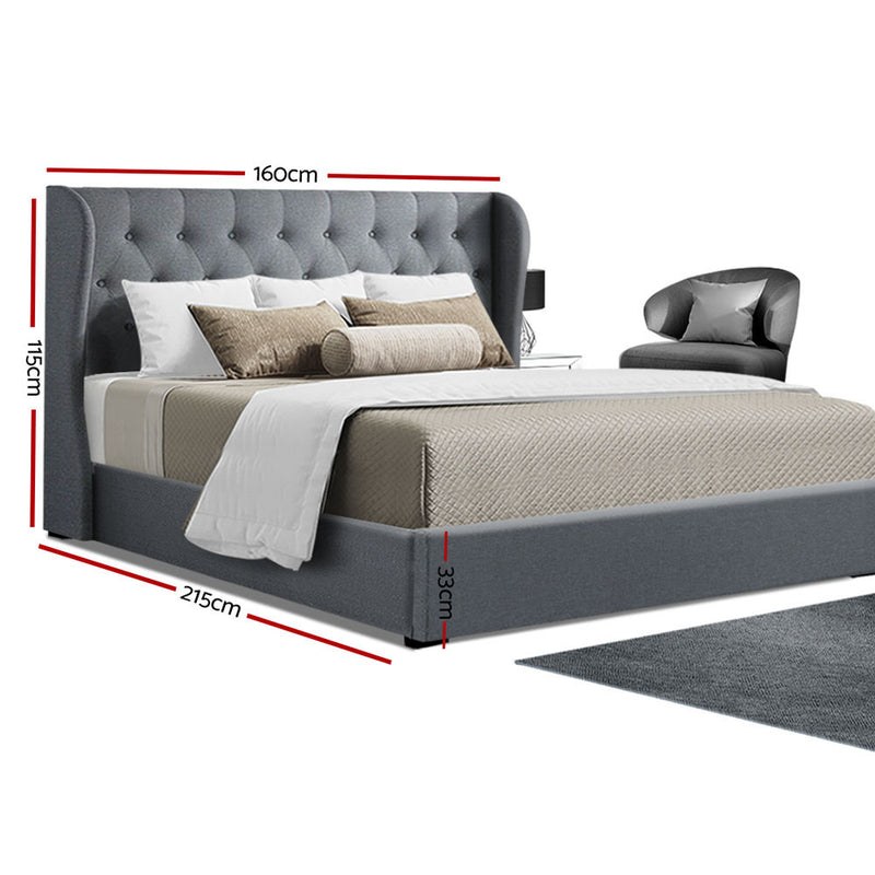 Queen Size Gas Lift Bed Frame Base With Storage Mattress Grey Fabric Wooden