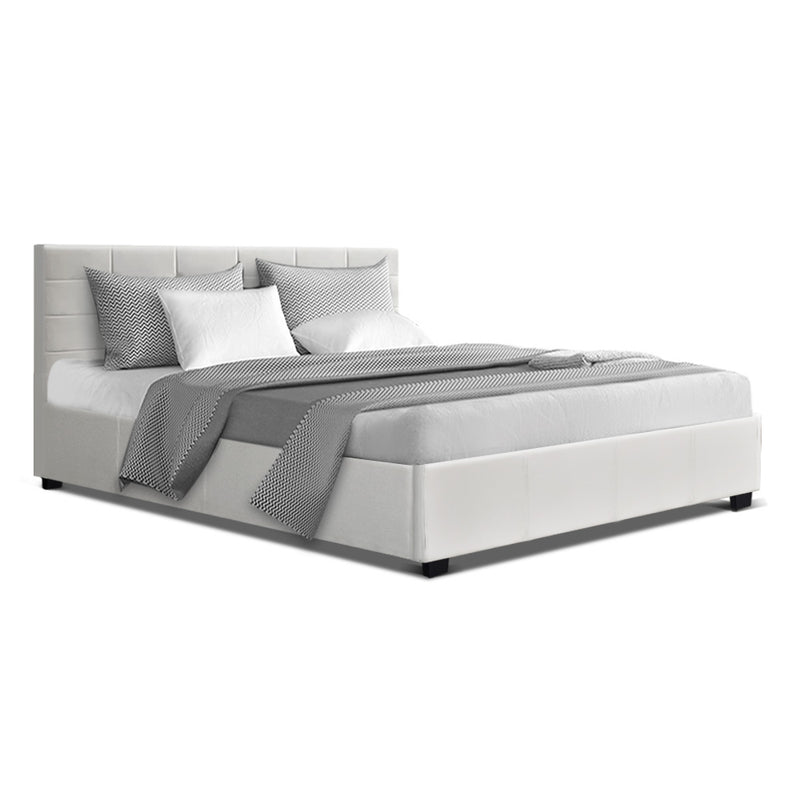 LISA Double Full Size Gas Lift Bed Frame Base With Storage Mattress White Leather