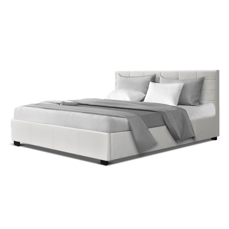 LISA Double Full Size Gas Lift Bed Frame Base With Storage Mattress White Leather