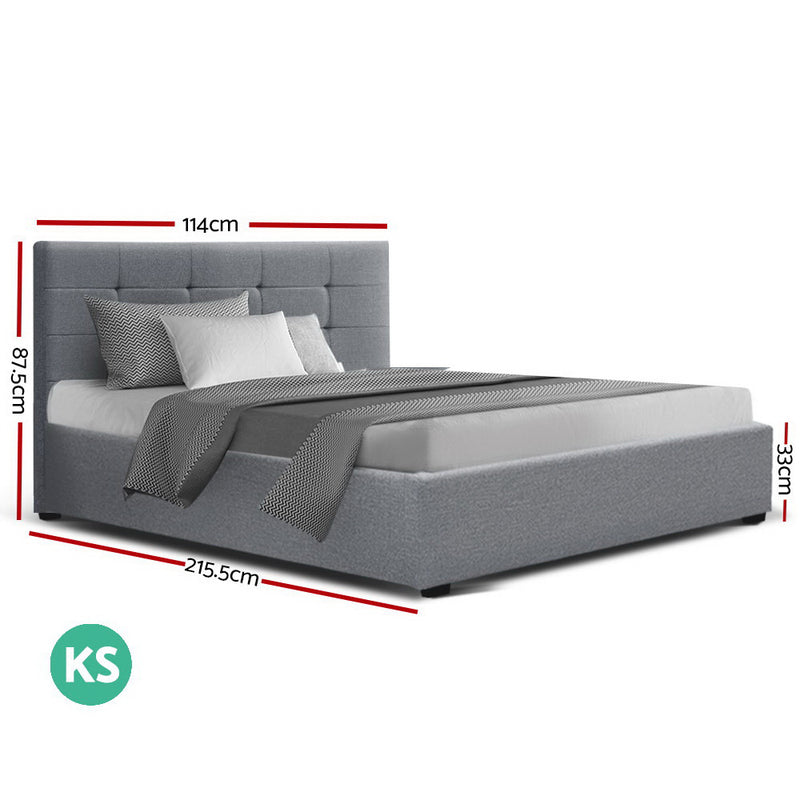 LISA King Single Size Gas Lift Bed Frame Base With Storage Mattress Grey Fabric