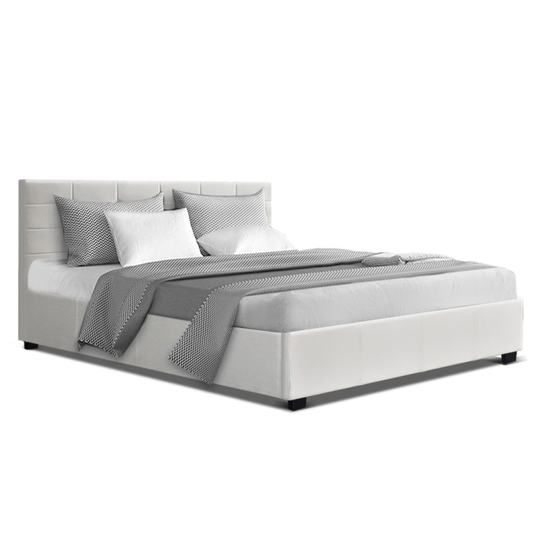 LISA Queen Size Gas Lift Bed Frame Base With Storage Mattress White Leather