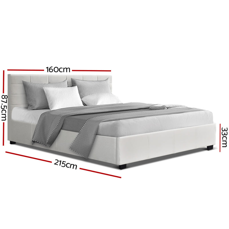 LISA Queen Size Gas Lift Bed Frame Base With Storage Mattress White Leather