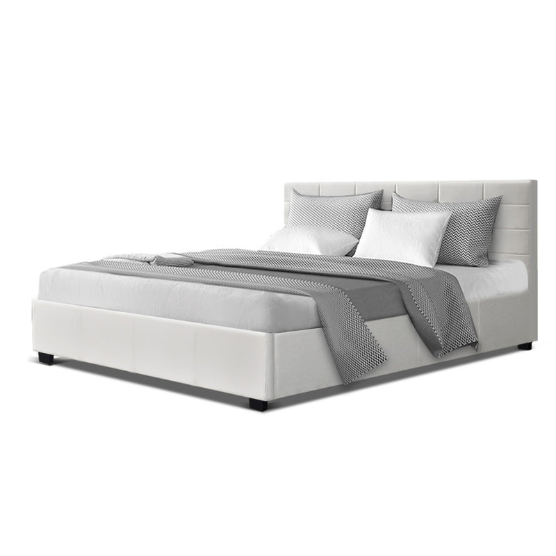 LISA Queen Size Gas Lift Bed Frame Base With Storage Mattress White Leather