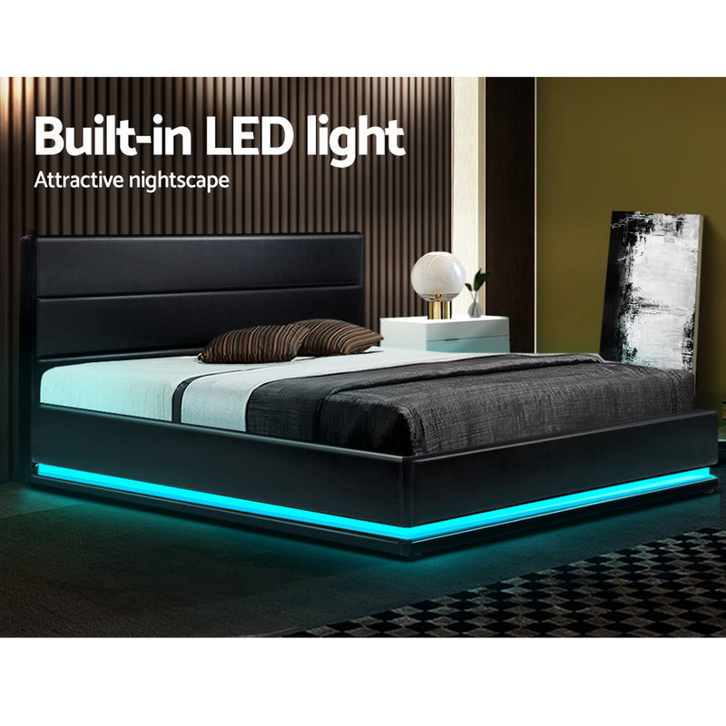 RGB LED Bed Frame Double Full Size Gas Lift Base Storage Black Leather LUMI