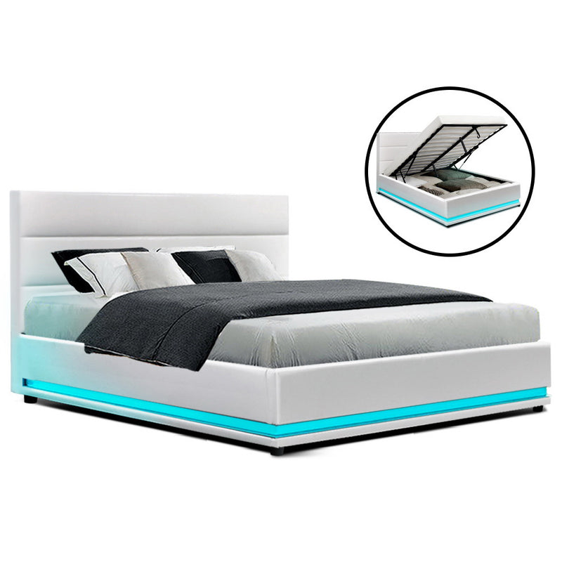 RGB LED Bed Frame Double Full Size Gas Lift Base Storage White Leather LUMI