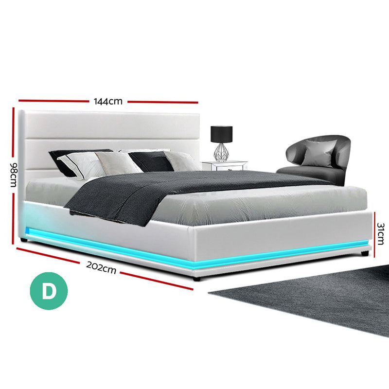 RGB LED Bed Frame Double Full Size Gas Lift Base Storage White Leather LUMI