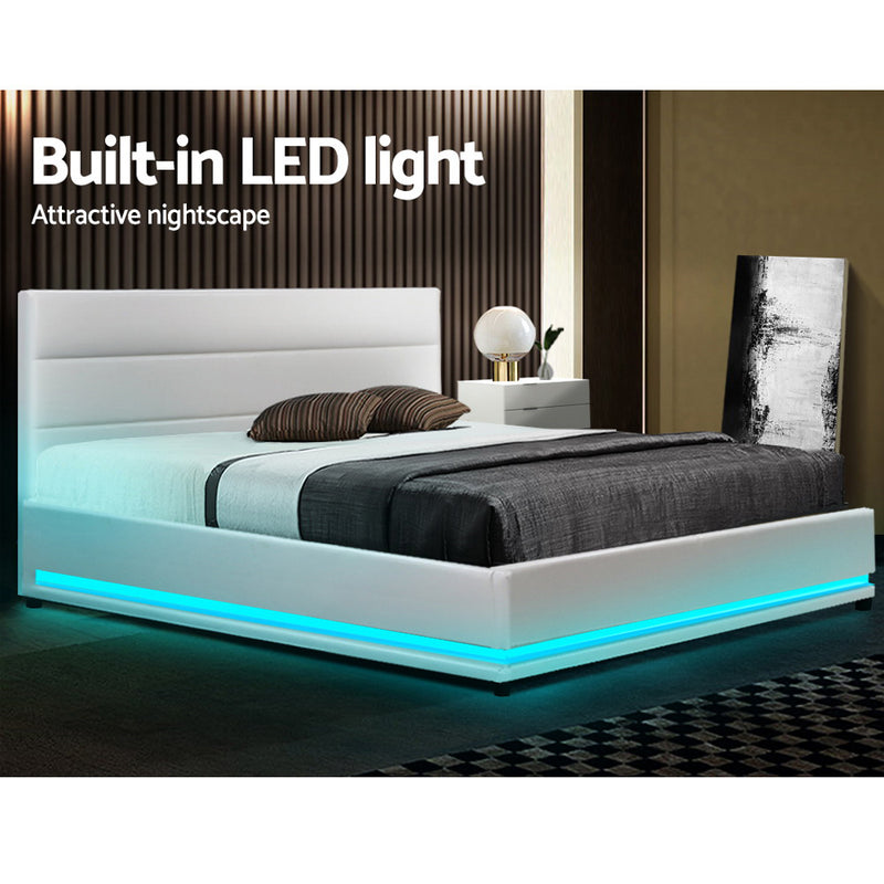 RGB LED Bed Frame Double Full Size Gas Lift Base Storage White Leather LUMI