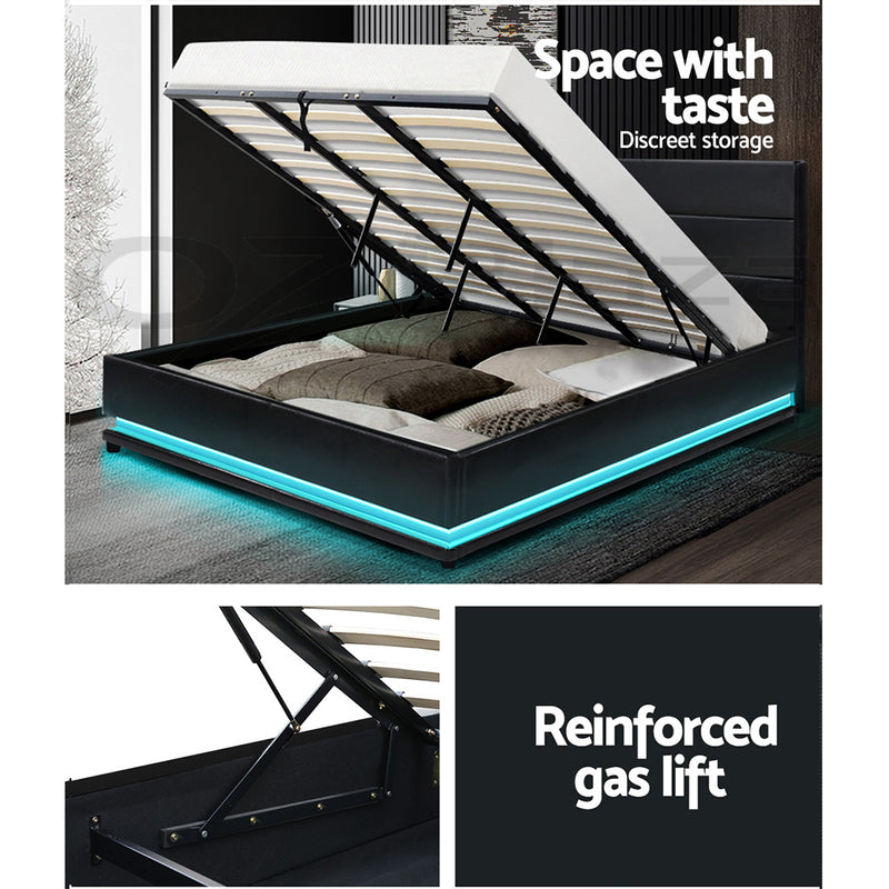 RGB LED Bed Frame King Size Gas Lift Base Storage Black Leather LUMI