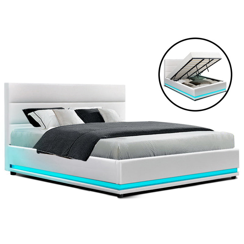 RGB LED Bed Frame King Size Gas Lift Base Storage White Leather LUMI