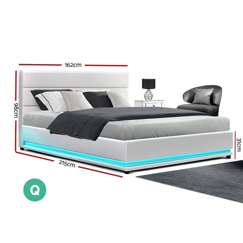 RGB LED Bed Frame Queen Size Gas Lift Base Storage White Leather LUMI