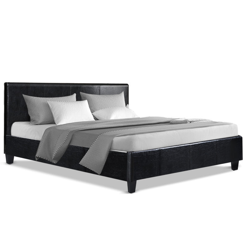 Bed Frame Queen Size Base Mattress Platform Full Leather Wooden Black NEO