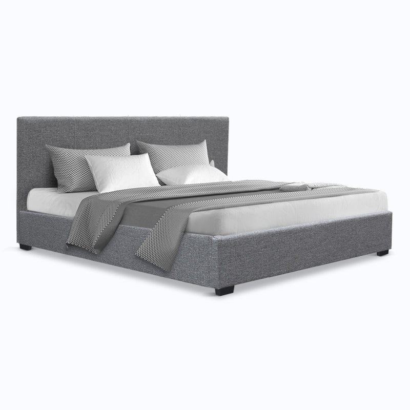 King Size Gas Lift Bed Frame Base With Storage Mattress Grey Fabric NINO