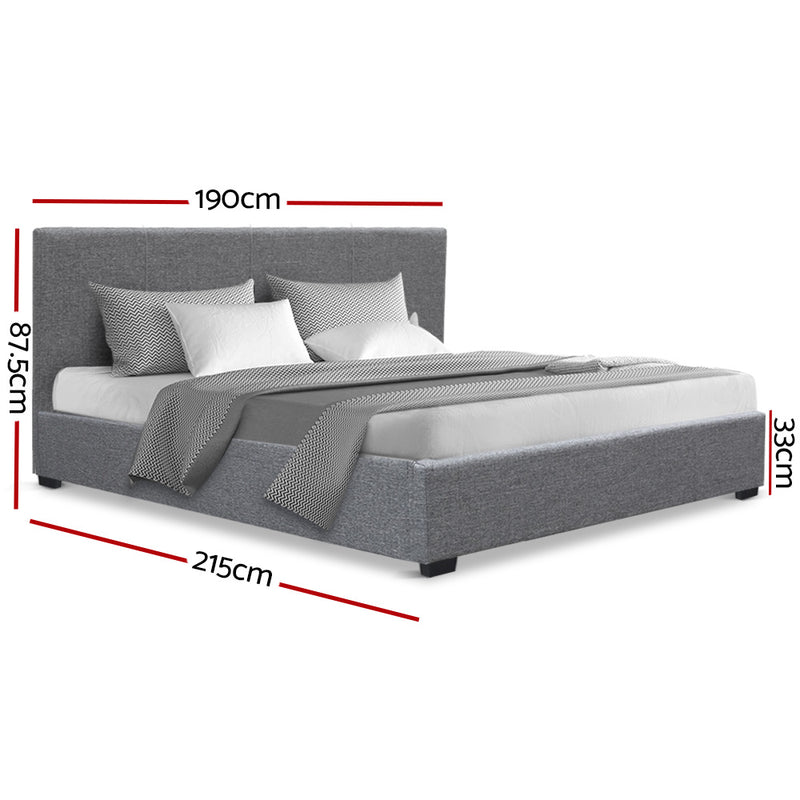 King Size Gas Lift Bed Frame Base With Storage Mattress Grey Fabric NINO