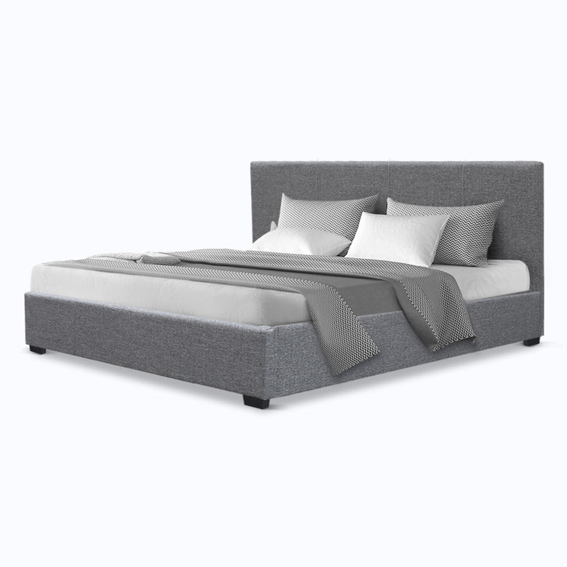 King Size Gas Lift Bed Frame Base With Storage Mattress Grey Fabric NINO