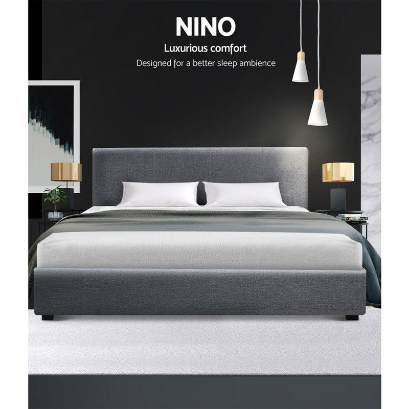 King Size Gas Lift Bed Frame Base With Storage Mattress Grey Fabric NINO