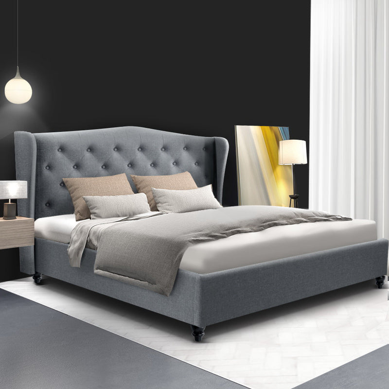 Double Size Wooden Upholstered Bed Frame Headboard - Grey