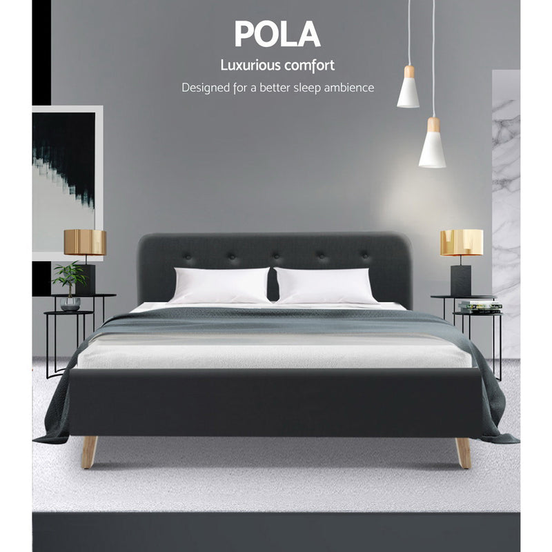 Double Full Size Bed Frame Base Mattress Fabric Wooden Charcoal POLA