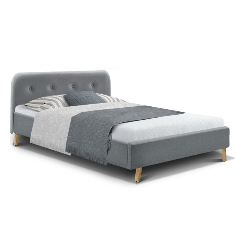 King Single Size Bed Frame Base Mattress  Fabric Wooden Grey POLA