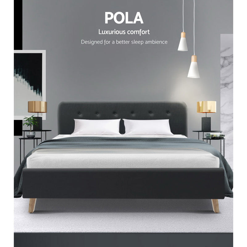 Queen Size Bed Frame Base Mattress Fabric Wooden Charcoal POLA