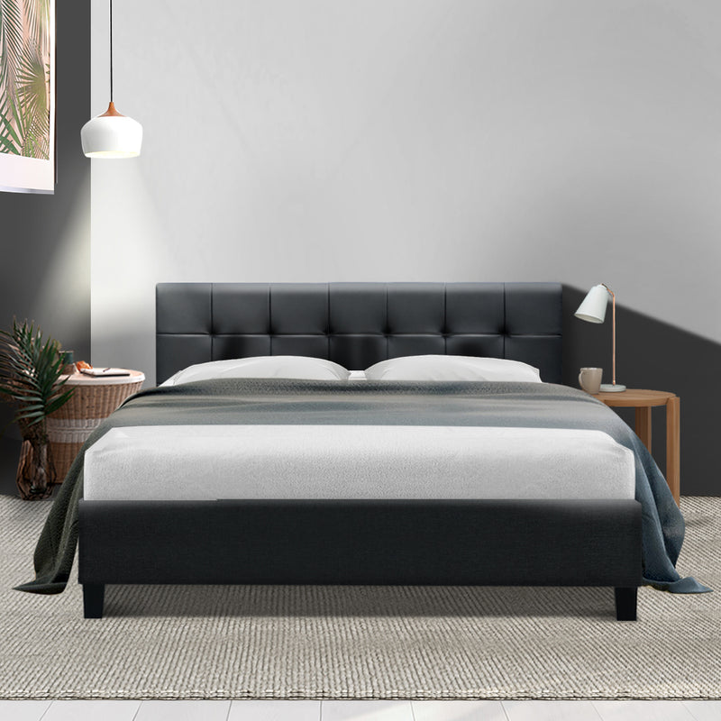 Bed Frame Queen Size Base Mattress Platform Leather Wooden Black SOHO