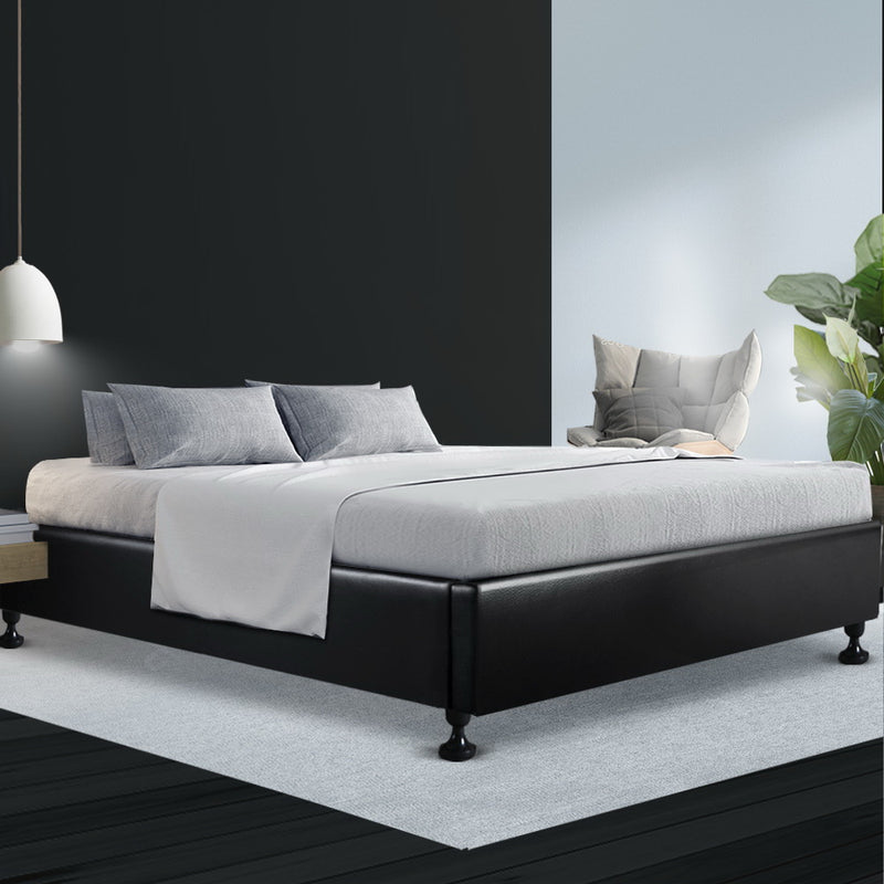 King Size Bed Base Frame Mattress Platform Leather Wooden Black TOMI