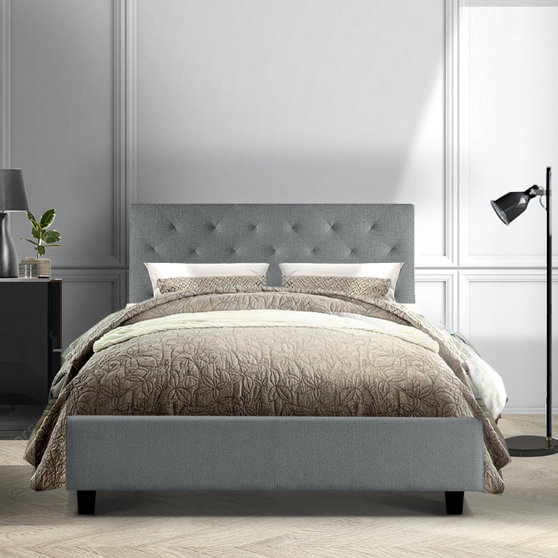 Double Size Fabric Bed Frame  Headboard - Grey