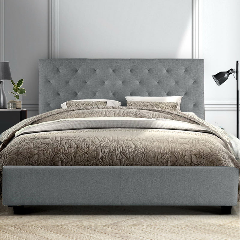 King Size Bed Frame Base Mattress Platform Fabric Wooden Grey VAN