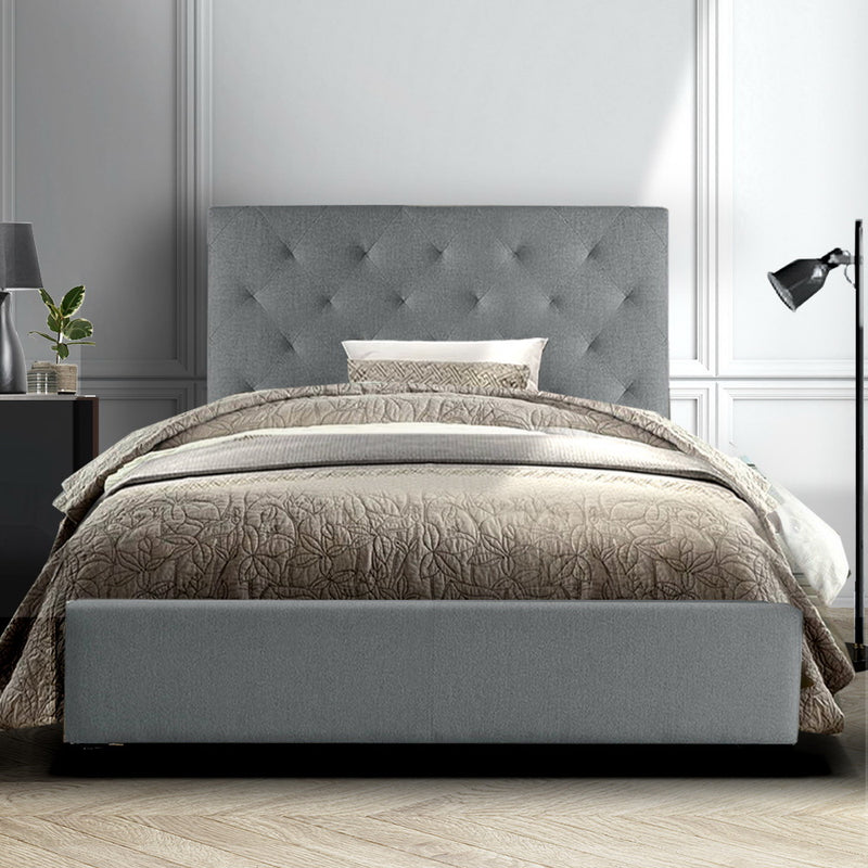 King Single Size Bed Frame Base Mattress Platform Fabric Wooden Grey VAN