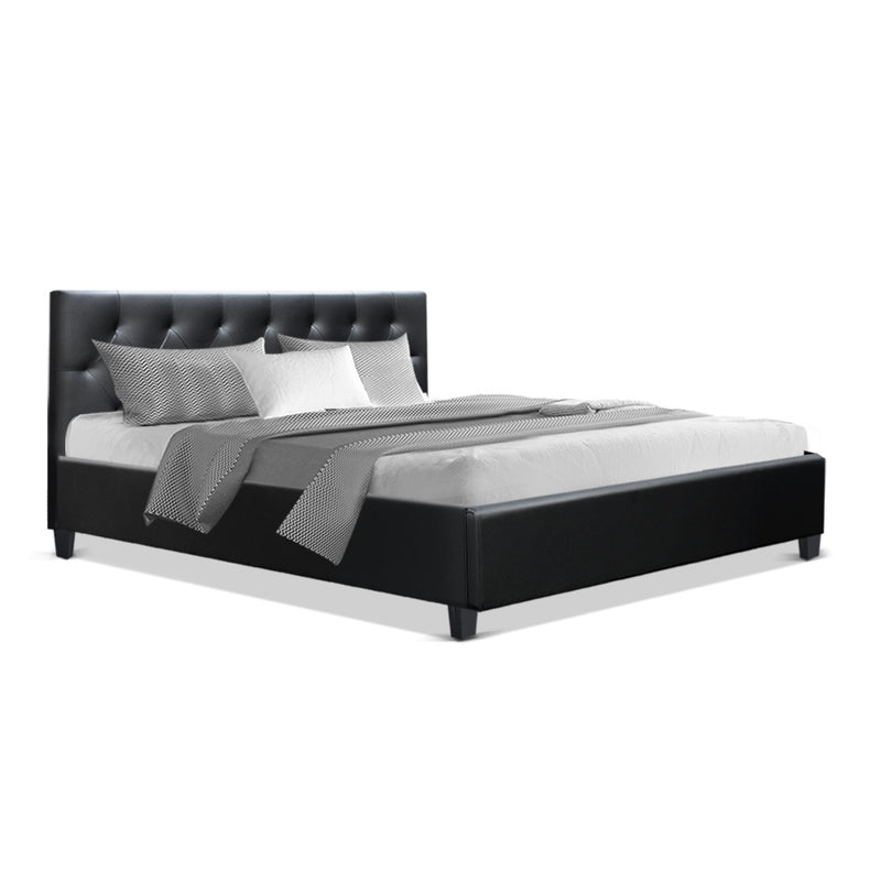 Queen Size Bed Frame Base Mattress Wooden Black Leather VANKE