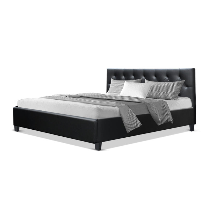 Queen Size Bed Frame Base Mattress Wooden Black Leather VANKE