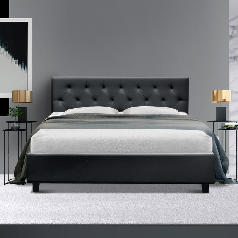 Queen Size Bed Frame Base Mattress Wooden Black Leather VANKE