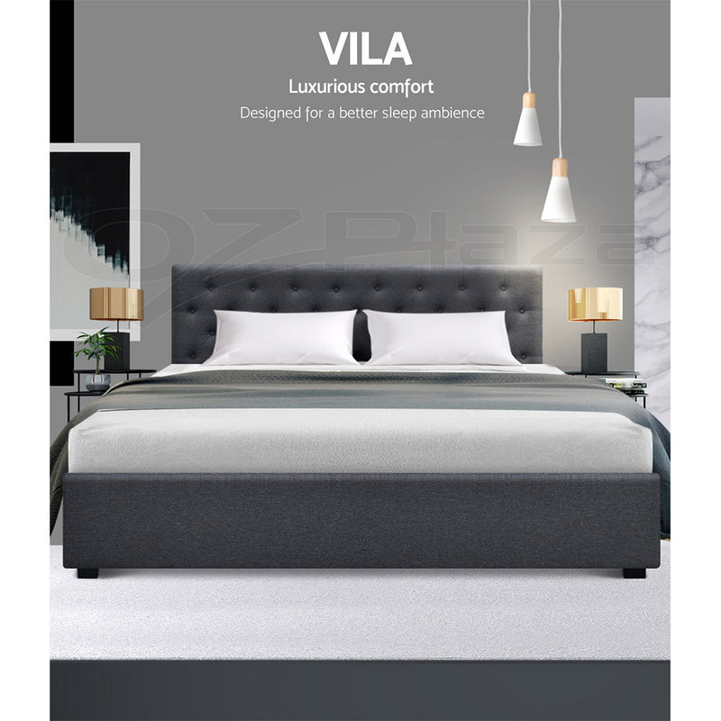 King Size Gas Lift Bed Frame Base With Storage Mattress Grey Fabric VILA