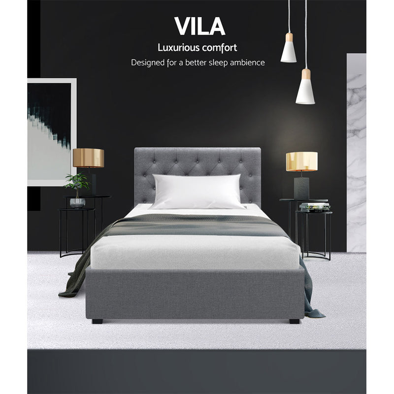 VILA King Single Size Gas Lift Bed Frame Base With Storage Mattress Grey Fabric