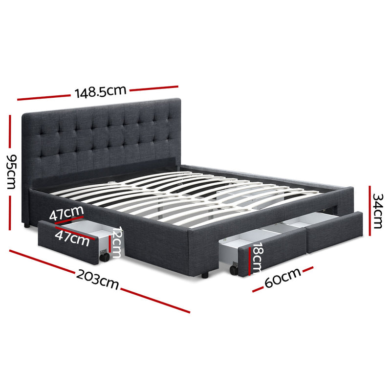 Double Size Fabric Bed Frame Headboard with Drawers  - Charcoal