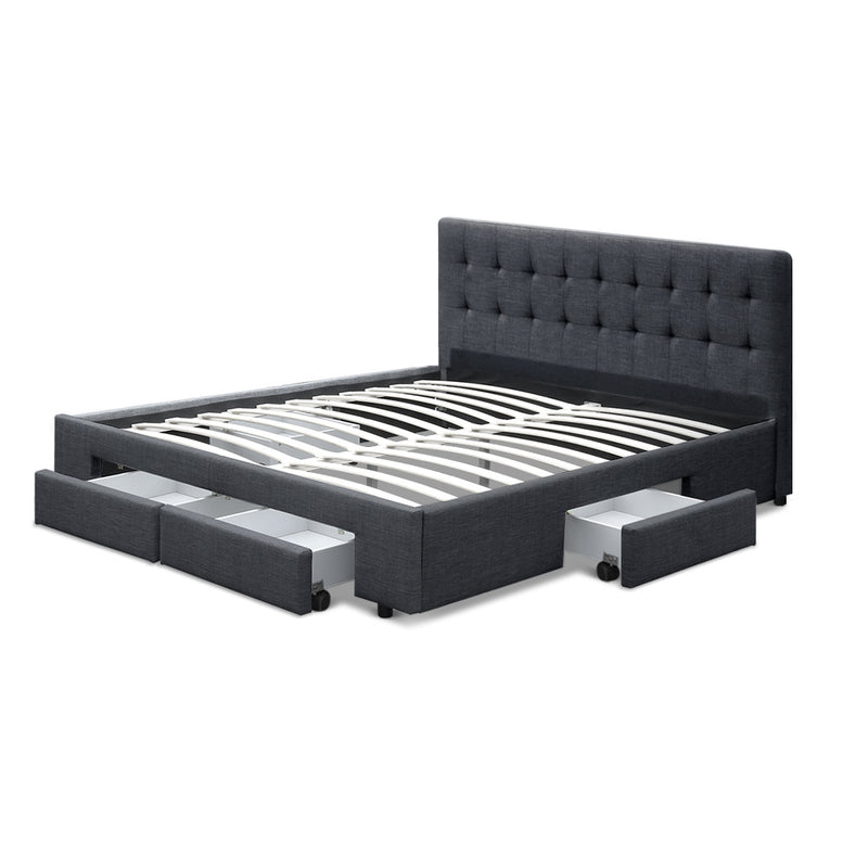 Double Size Fabric Bed Frame Headboard with Drawers  - Charcoal