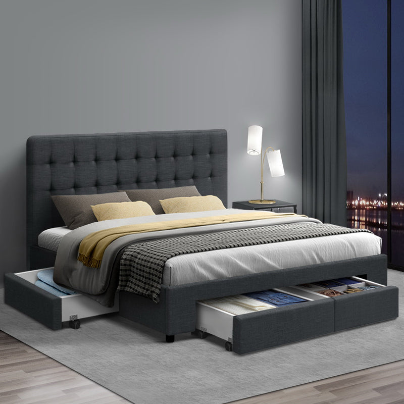 Double Size Fabric Bed Frame Headboard with Drawers  - Charcoal