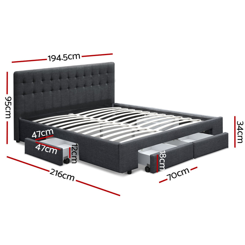 King Size Fabric Bed Frame Headboard with Drawers  - Charcoal