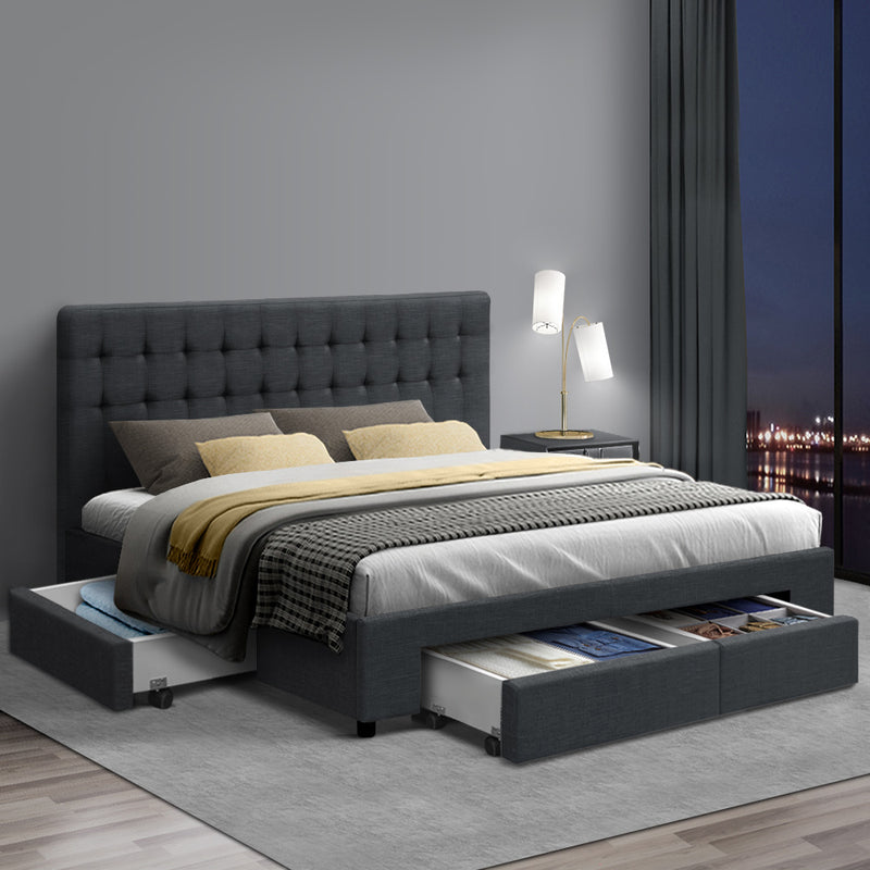 King Size Fabric Bed Frame Headboard with Drawers  - Charcoal