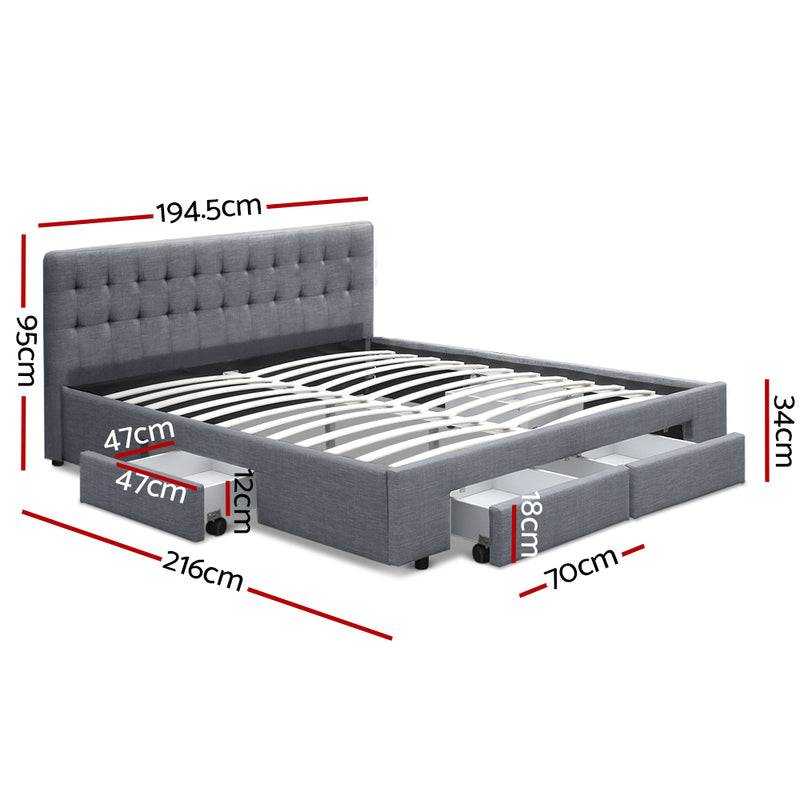 KING Bed Frame with 4 Storage Drawers AVIO Fabric Headboard Wooden