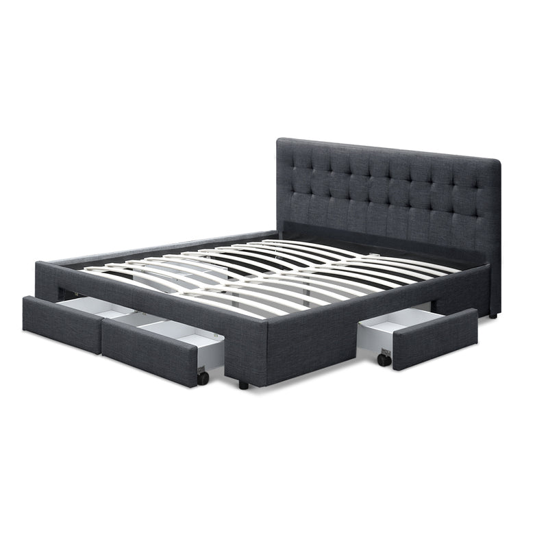 Queen Size Fabric Bed Frame Headboard with Drawers  - Charcoal