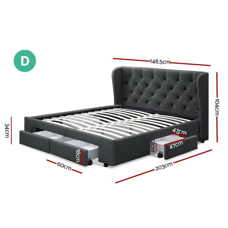 Double Full Size Bed Frame Base Mattress With Storage Drawer Charcoal Fabric MILA