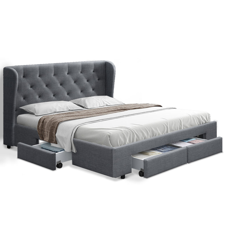 Double Full Size Bed Frame Base Mattress With Storage Drawer Grey Fabric MILA